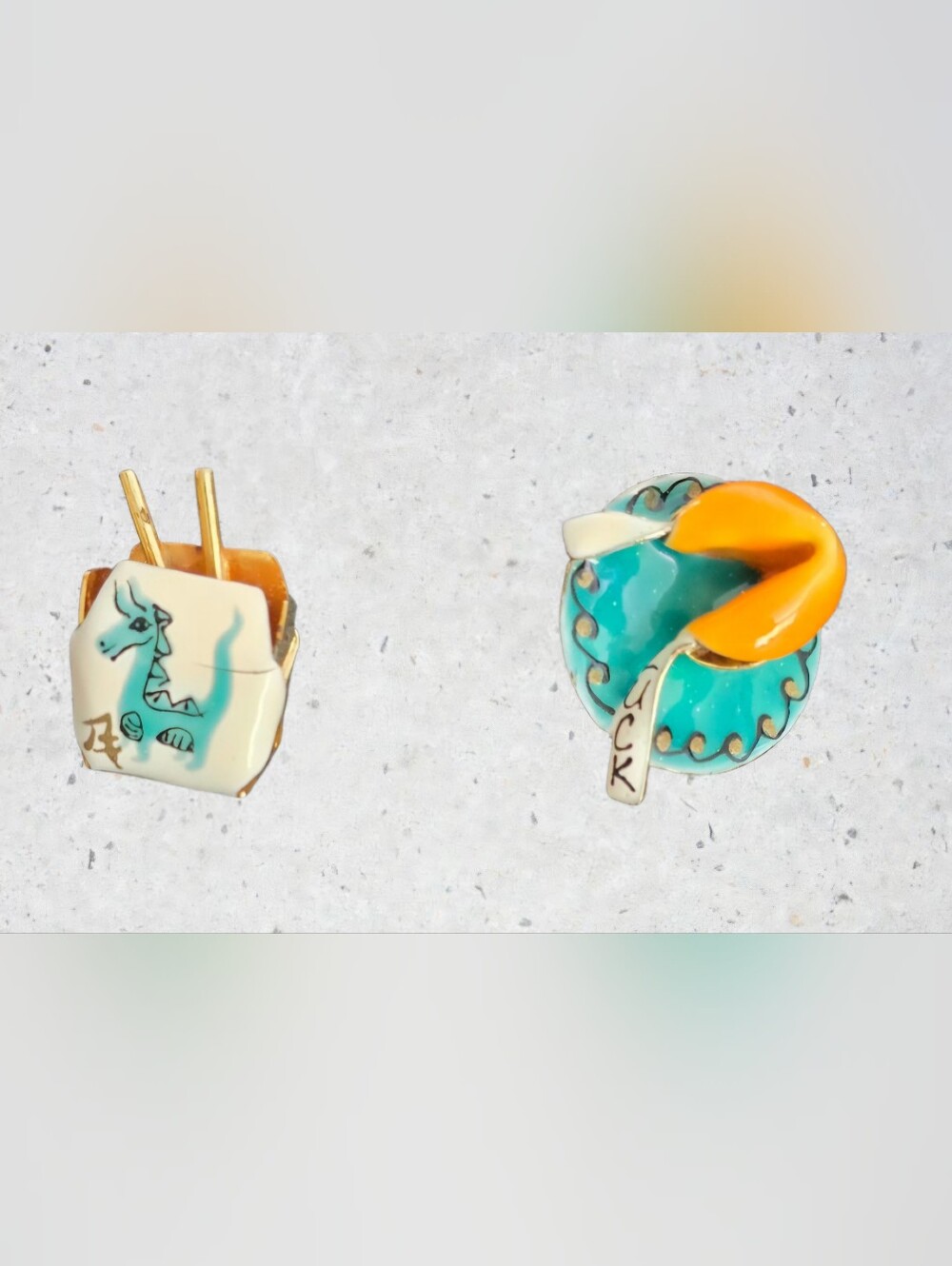 Lunch at the Ritz Vintage Takeout Box, Fortune Cookie Pierced Earrings A4605